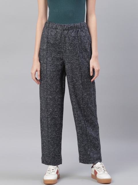 

Bhaane Women Navy Loose Fit Checked Tweed Woollen Regular Trousers, Navy blue