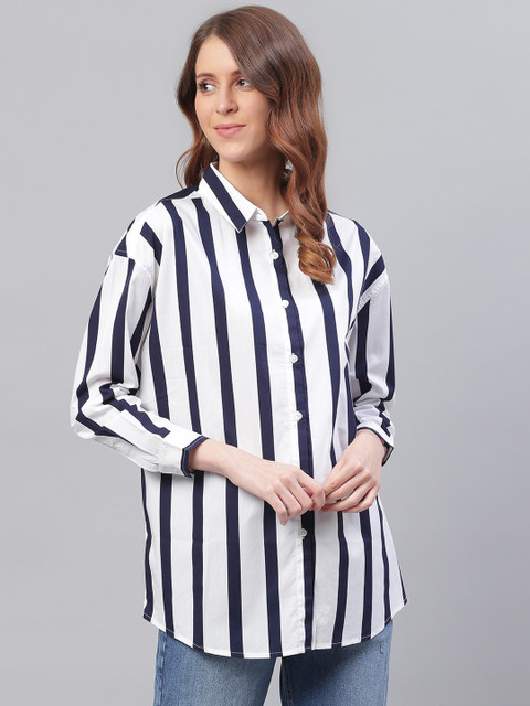 

Bhaane Women Navy Blue & White Regular Fit Striped Casual Shirt