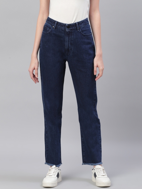 

Bhaane Women Navy Blue Straight Fit Mid-Rise Clean Look Stretchable Cropped Jeans