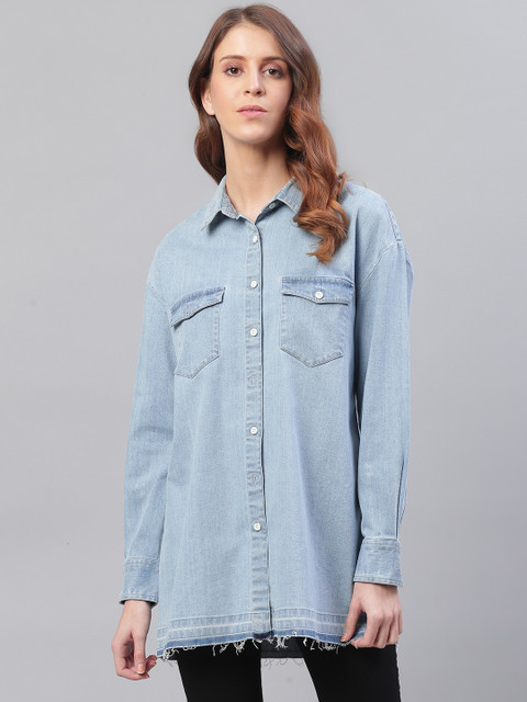 

Bhaane Women Blue Regular Fit Solid Longline Denim Casual Shirt
