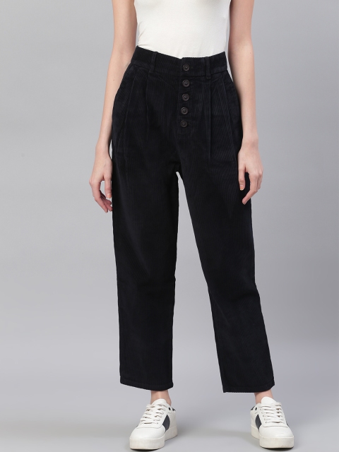 

Bhaane Women Black Relaxed Fit Corduroy Solid Cropped Regular Trousers