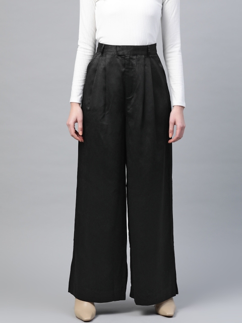

Bhaane Women Black Loose Fit Solid Pure Cotton Wide Leg Trousers