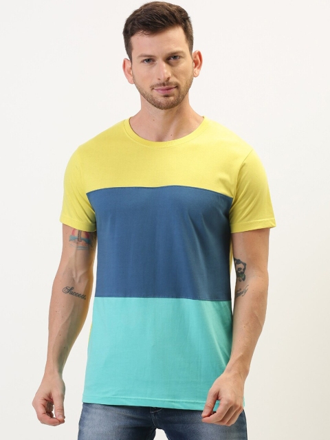 

DILLINGER Men Yellow Blue Colourblocked Round Neck Pure Cotton T-shirt
