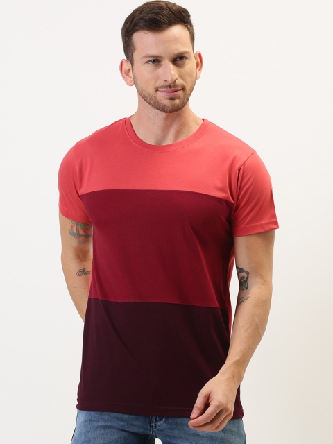 

DILLINGER Men Maroon Peach Colourblocked Round Neck Pure Cotton T-shirt