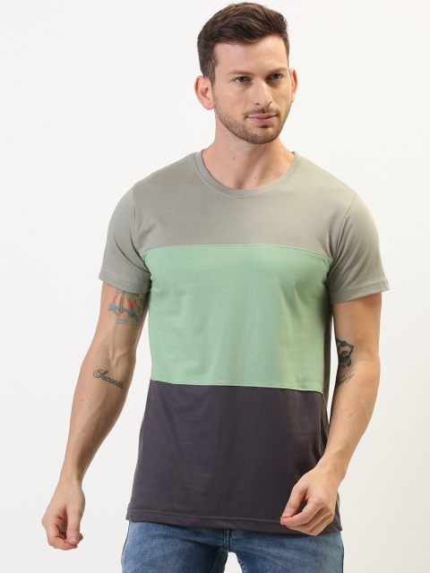 

DILLINGER Men Grey Green Colourblocked Round Neck Pure Cotton T-shirt