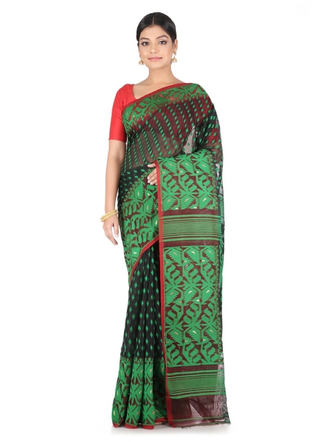 

PinkLoom Black & Green Pure Cotton Woven Design Handloom Jamdani Saree