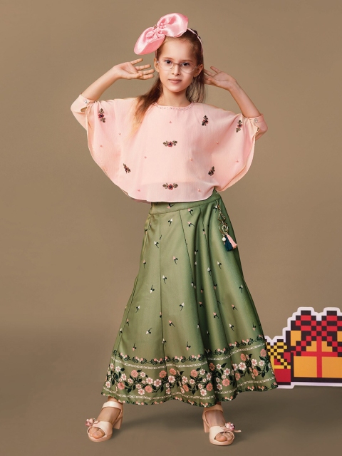 

Peppermint Girls Peach-Coloured & Green Floral Embroidered Top with Skirt