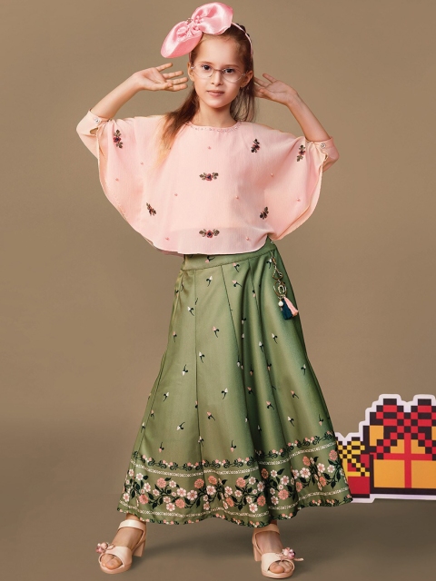 

Peppermint Girls Peach-Coloured & Olive Green Self Design Top with Skirt