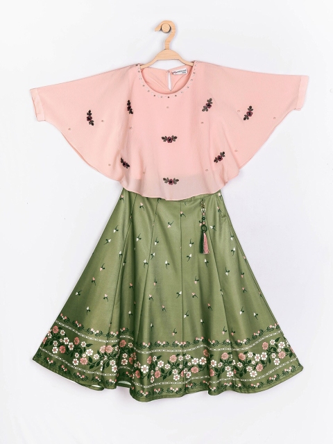 

Peppermint Girls Peach-Coloured & Green Printed Top with Skirt