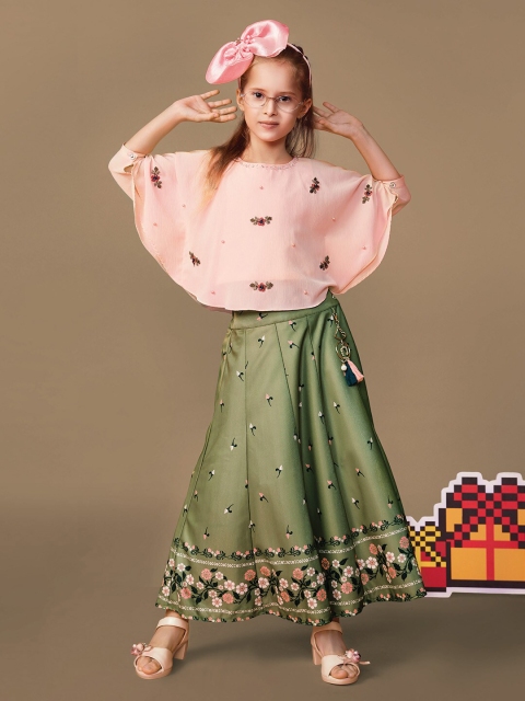 

Peppermint Girls Peach-Coloured & Green Printed Top with Skirt