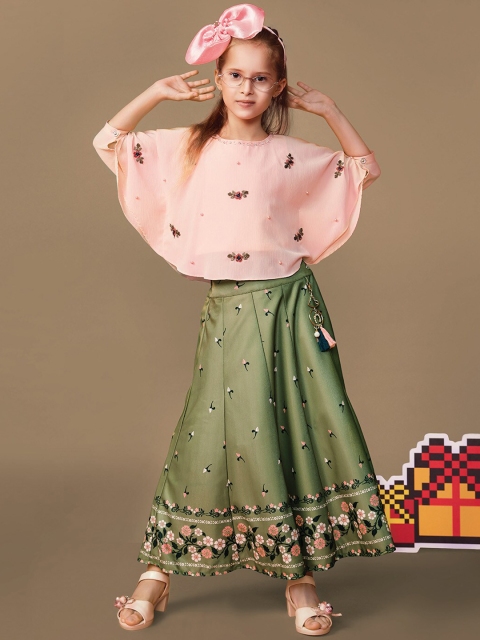 

Peppermint Girls Peach-Coloured & Green Printed Top with Skirt