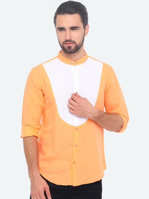 

WITH Men Orange & Off-White Slim Fit Colourblocked Casual Shirt