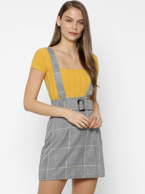 

FOREVER 21 Women Grey Checked Pinafore Dress