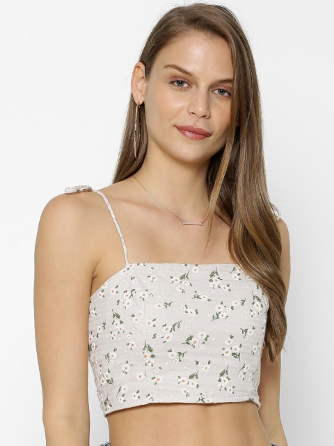 

FOREVER 21 Women Grey & White Printed Crop Tank Top