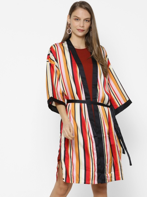 

FOREVER 21 Women Red & Orange Striped Tie-Up Shrug