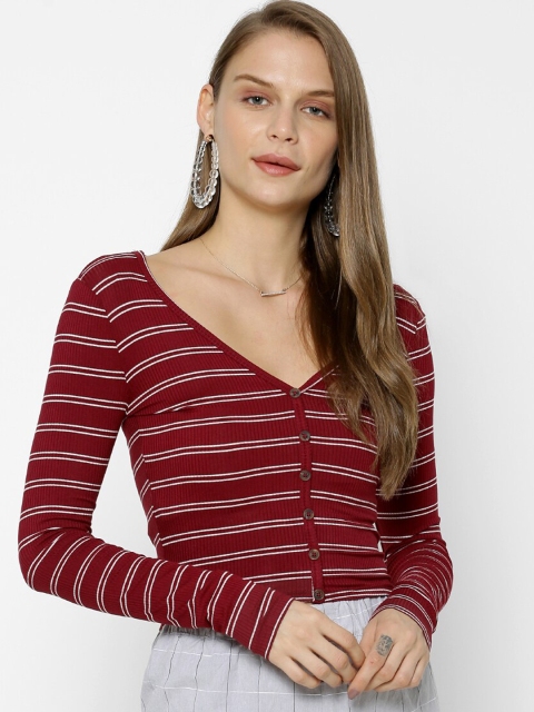 

FOREVER 21 Women Maroon & White Striped Shirt Style Top