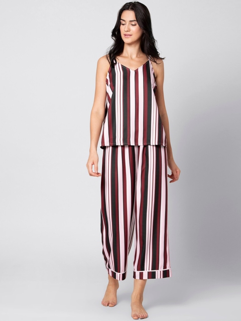 

FabAlley Women Maroon & White Striped Night Suit