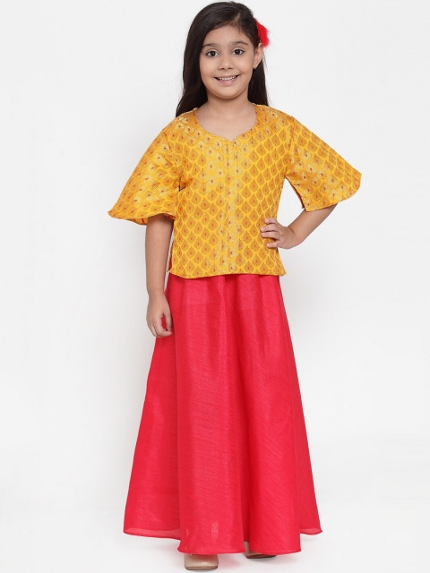 

Baani Creations Yellow & Coral Red Woven Design Ready to Wear Lehenga with Blouse