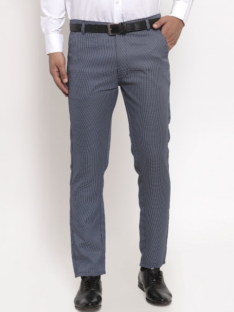 

JAINISH Men Navy Blue & White Classic Slim Fit Self Design Formal Trousers