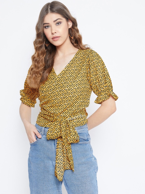 Women Yellow Printed Wrap Top