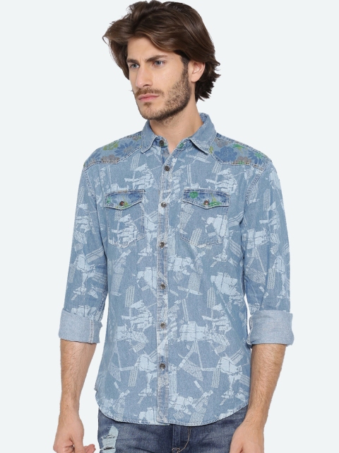 

WITH Men Blue & Grey Slim Fit Printed Casual Shirt