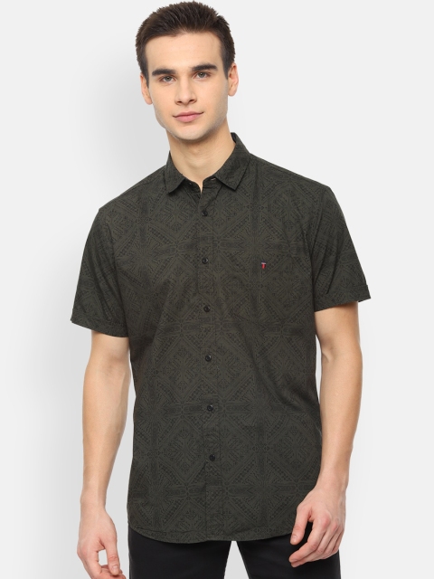 

Louis Philippe Jeans Men Olive Green & Black Slim Fit Printed Casual Shirt