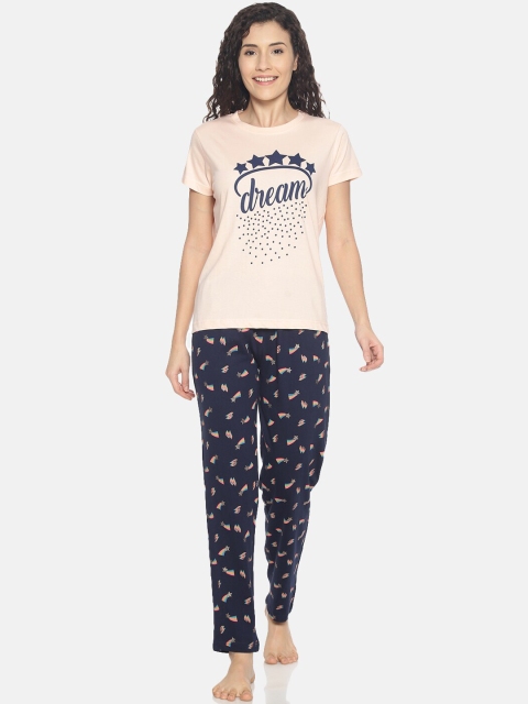 

Kryptic Women Pink & Navy Blue Printed Night Suit KRWS20PS7D