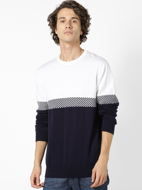 

Celio Men Navy Blue & White Colourblocked Pullover Sweater