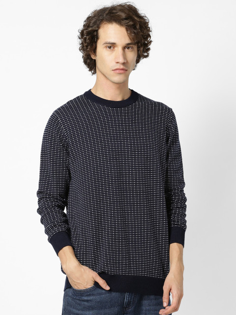 

Celio Men Navy Blue & White Self Design Pullover Sweater