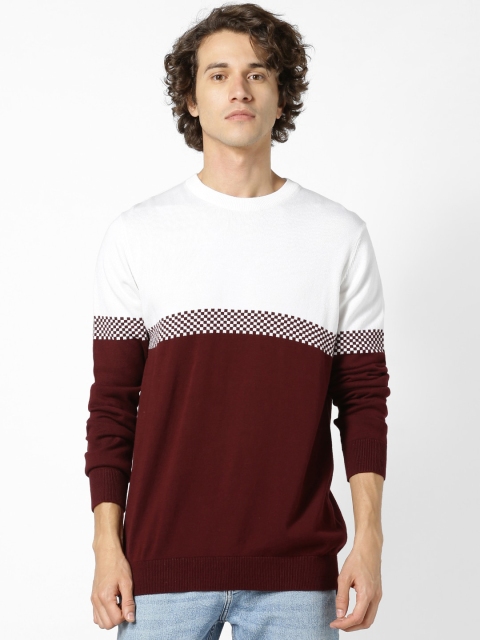 

Celio Men Burgundy & White Colourblocked Pullover Sweater