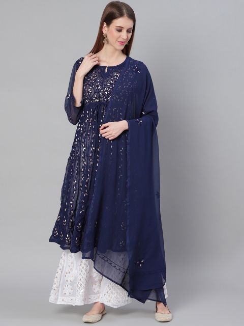 

Saadgi Women Navy & White Chikankari Embroidered Anarkali Kurta with Palazzos & Dupatta, Navy blue