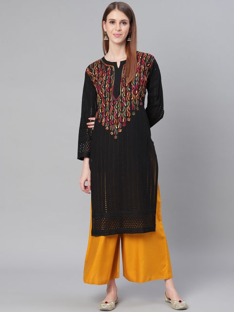 

Saadgi Women Black & Red Handloom Chikankari Embroidered Straight Kurta