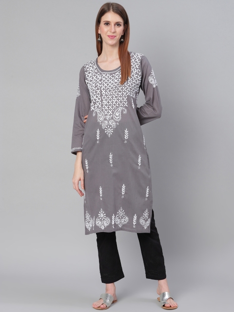 

Saadgi Women Charcoal Grey & White Handloom Chikankari Embroidered Straight Kurta