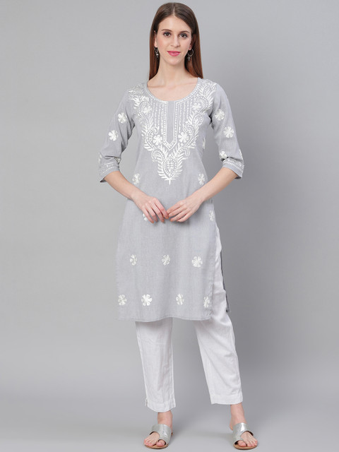 

Saadgi Women Grey & White Handloom Chikankari Embroidered Straight Kurta