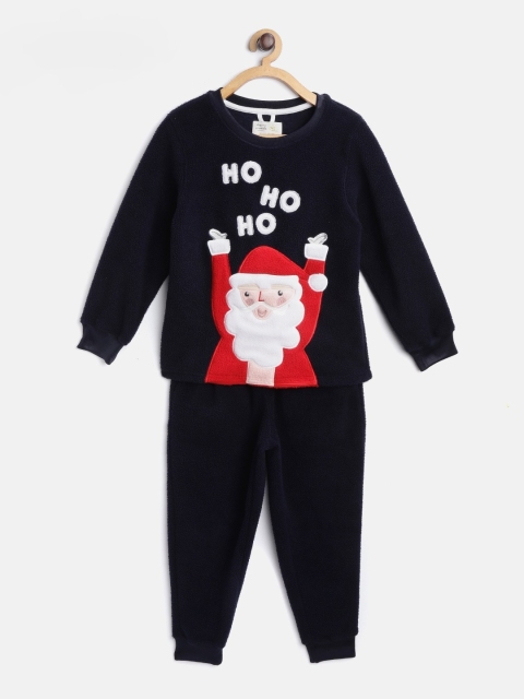 

Cherry Crumble Kids Navy Santa Claus Applique Fleece Finish Night Suit with Eye Mask, Navy blue