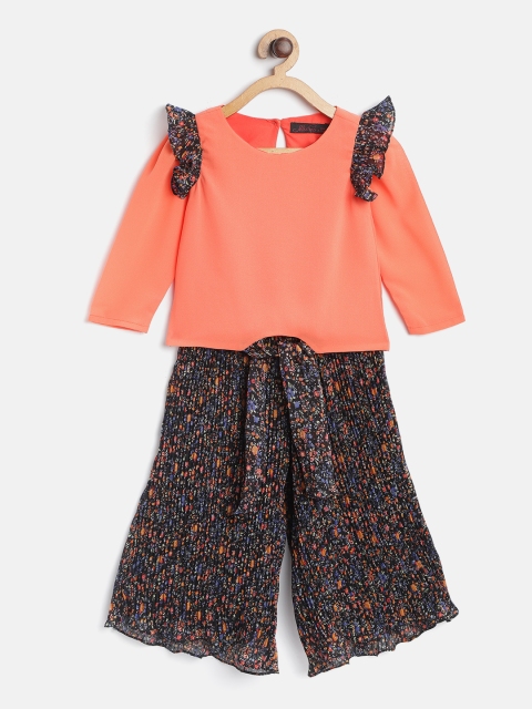 

pspeaches Girls Coral Orange & Black Solid Top with Printed Accordion Pleated Palazzos