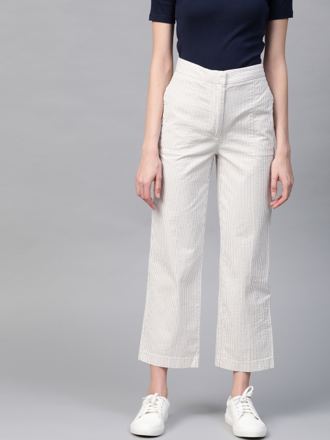 

Marks & Spencer Women White & Beige Straight Fit Striped Regular Trousers