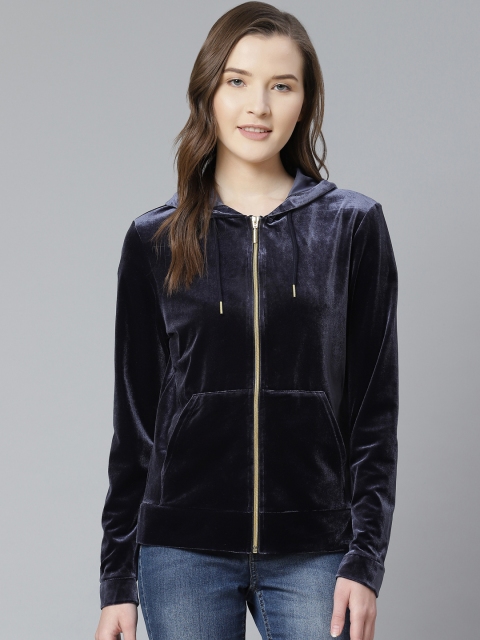 

Marks & Spencer Women Navy Blue Velvet Finish Solid Hooded Sweatshirt