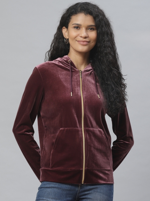 

Marks & Spencer Women Burgundy Velvet Finish Solid Hooded Sweatshirt, Brown