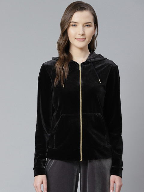 

Marks & Spencer Women Black Velvet Finish Solid Hooded Sweatshirt