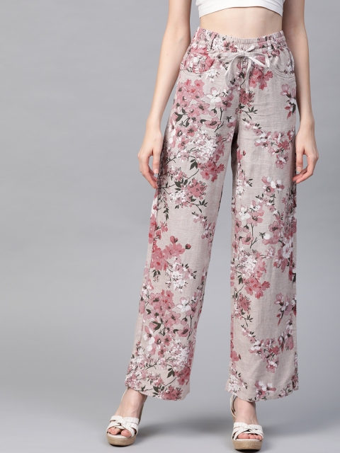 

Marks & Spencer Women Grey & Pink Regular Wide Fit Floral Printed Parallel Trousers