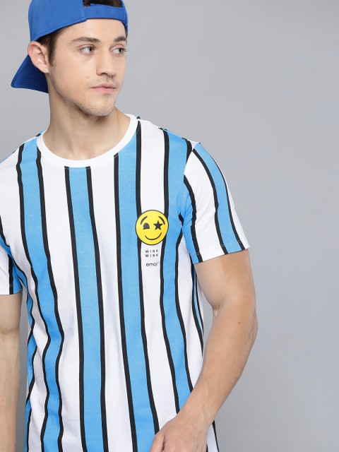 

Kook N Keech Emoji Men White & Blue Striped Round Neck Pure Cotton T-shirt