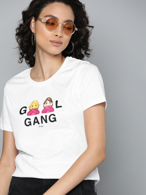 

Kook N Keech Emoji Women White & Black Pure Cotton Printed Round Neck T-shirt