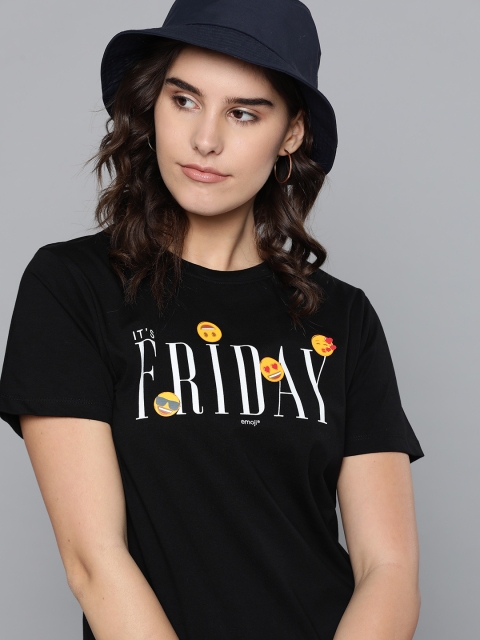 

Kook N Keech Women Black White Typography Emoji Print Pure Cotton T-shirt