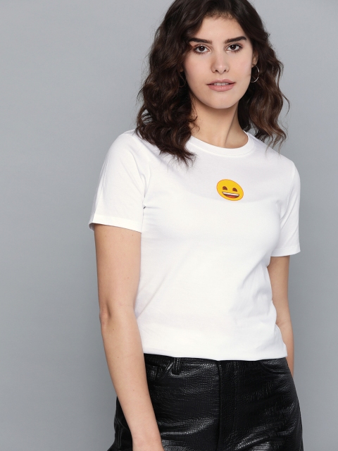 

Kook N Keech Emoji Women White & Mustard Yellow Pure Cotton Emoji Printed Back T-shirt