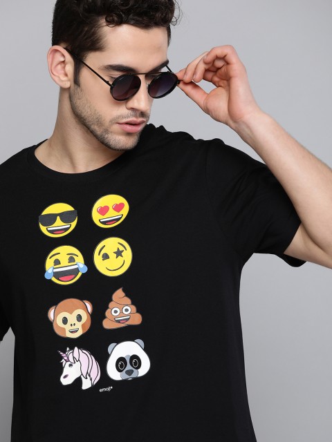 

Kook N Keech Emoji Men Black & Yellow Printed Round Neck Pure Cotton T-shirt