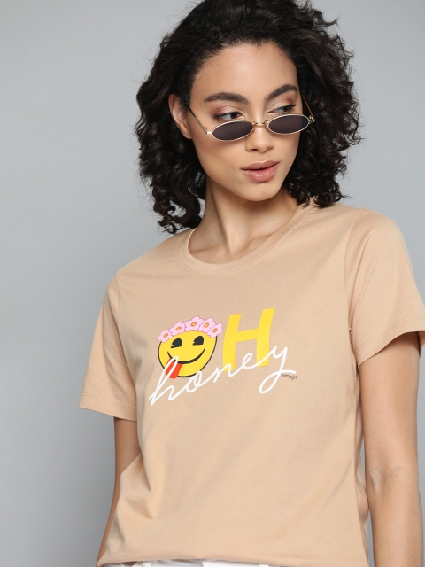 

Kook N Keech Emoji Women Beige Pure Cotton Printed Round Neck T-shirt