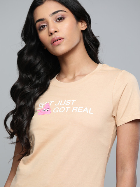 

Kook N Keech Emoji Women Beige Printed Round Neck Pure Cotton T-shirt