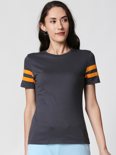 

Bewakoof Women Grey Striped Round Neck T-shirt