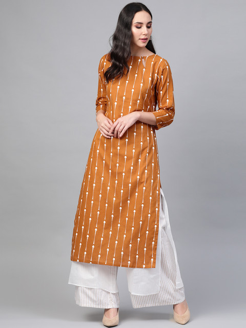 

See Designs Women Mustard Brown & White Printed Straight Kurta